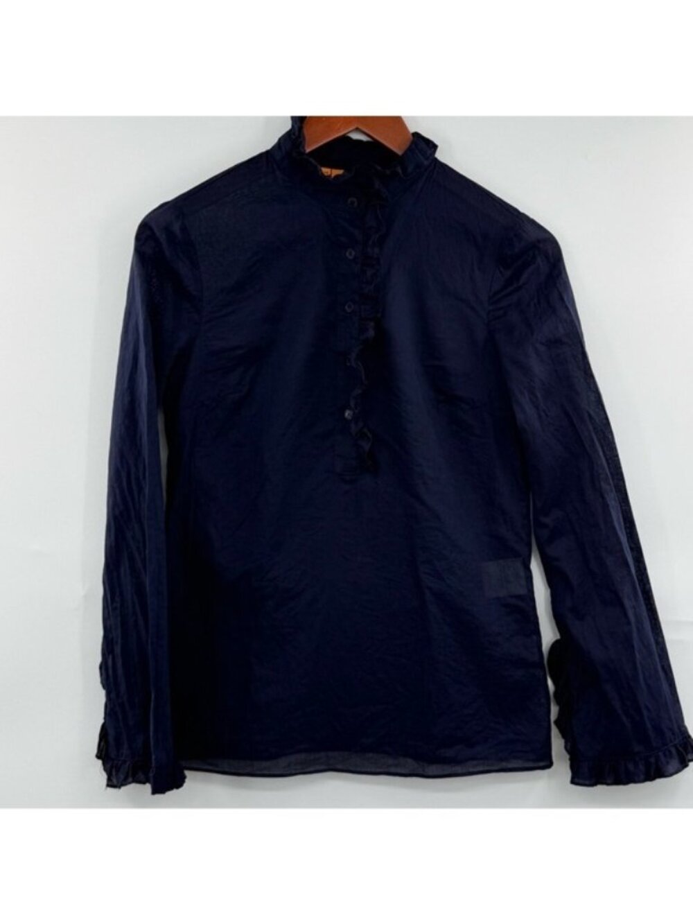 Tory Burch Women’s Size 2 Navy Ruffle Neck Blouse Cotton Sheer Long Sleeve Top